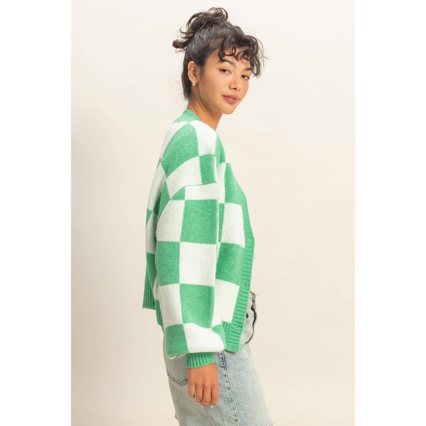 Checkered Button Front Cardigan Sweater: EMERALD/CREAM / S-M-L(2-2-2)