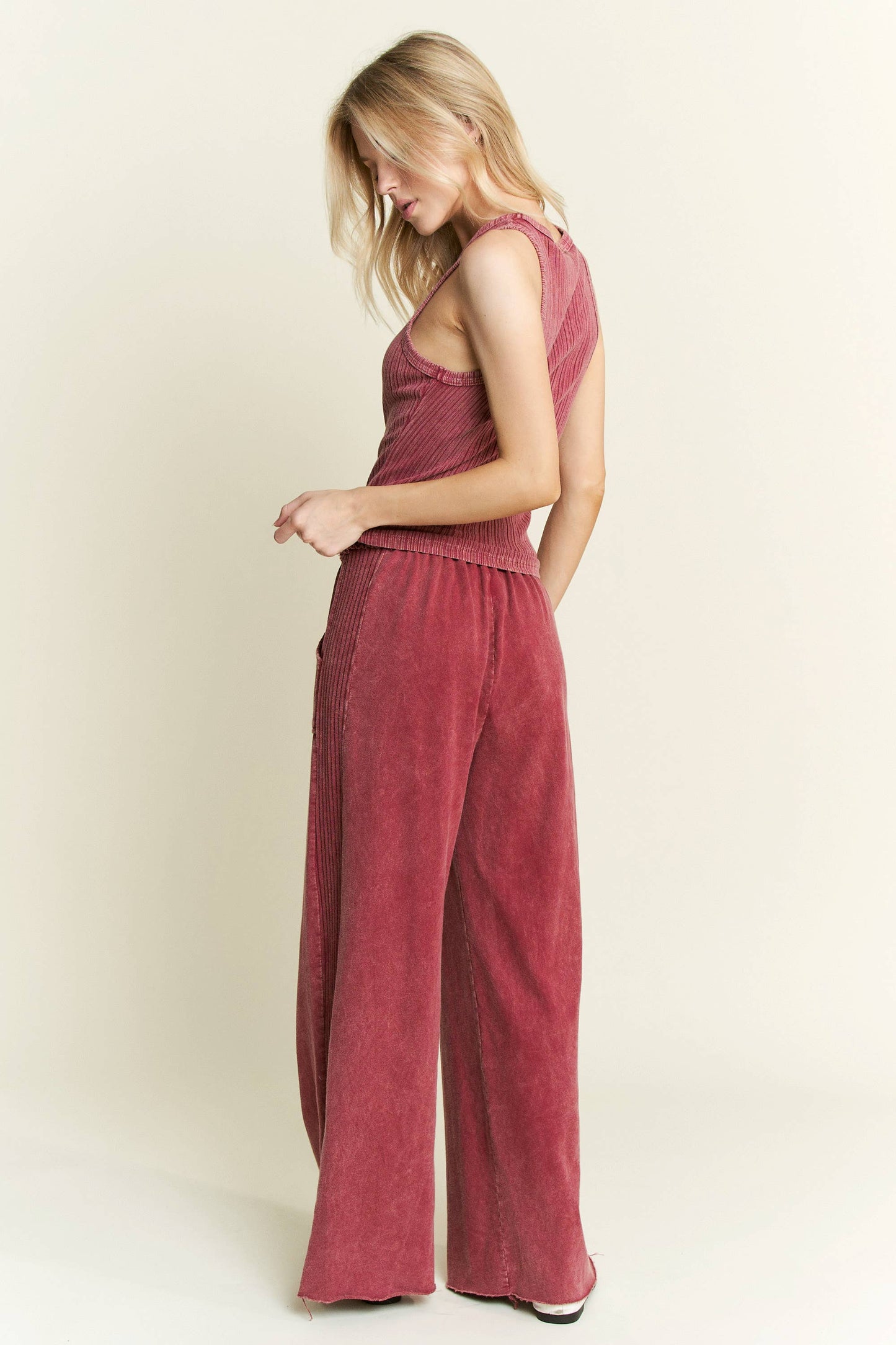 Mineral Wash Side Knit detail wide leg pants HE5878P..: Olive / S-M-L / 2-2-2