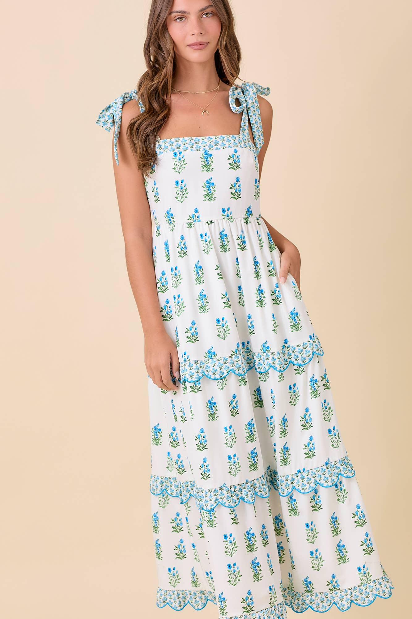 Shoulder Strap Tie Midi Dress With Floral Printed: WHITE/BLUE / L