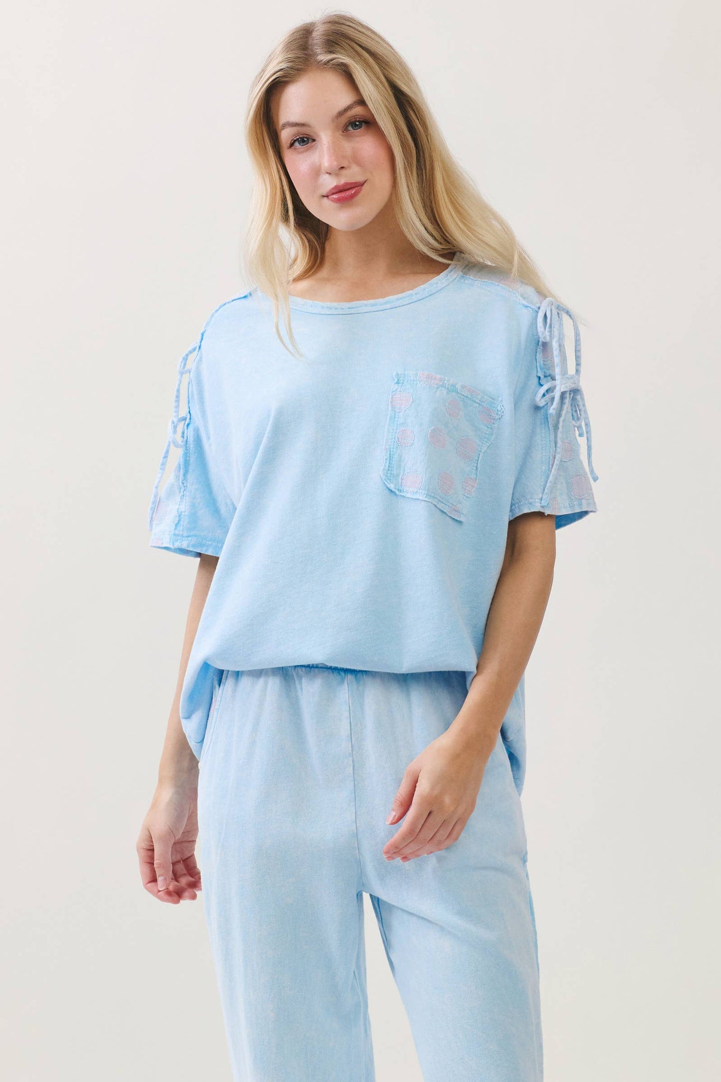 Mineral Washed Polkadot Shoulder Bow Tie Blouse top HT6510: Baby Blue