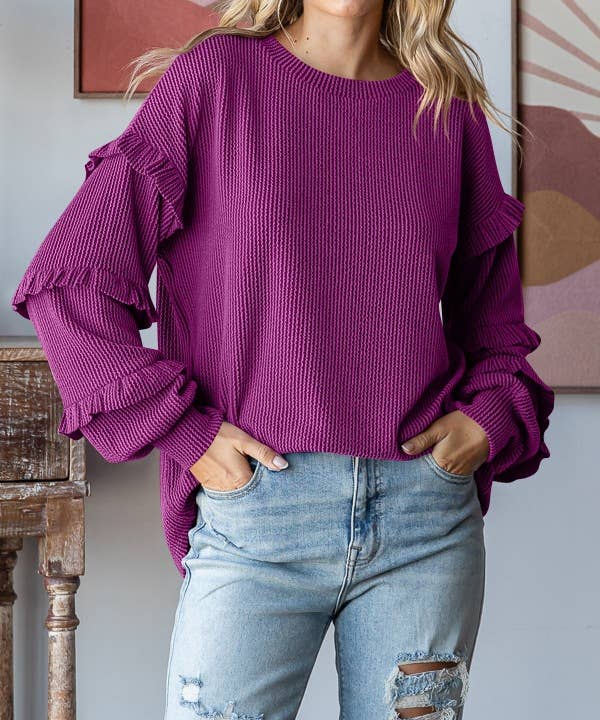 Balloon Sleeve Ruffle Sleeve Pullover Top: Pink / XL