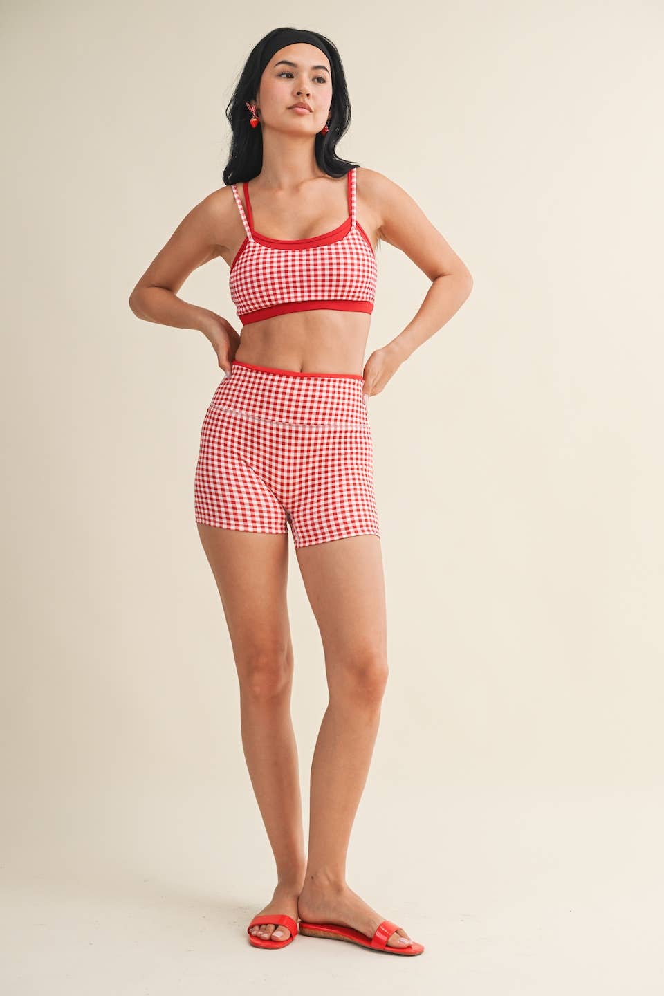Gingham Print Double Layered Sports Bra: Red Gingham / L