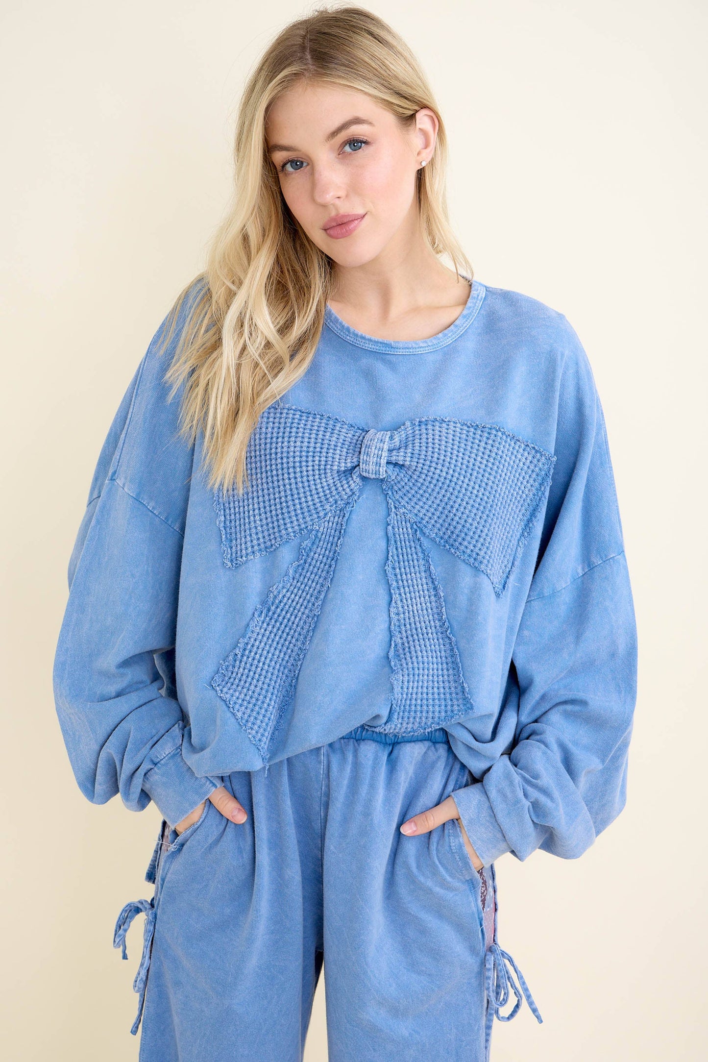 I'm a gift for you Waffle Ribbon bow terry top HT6129: Midnight Green / S-M-L / 2-2-2