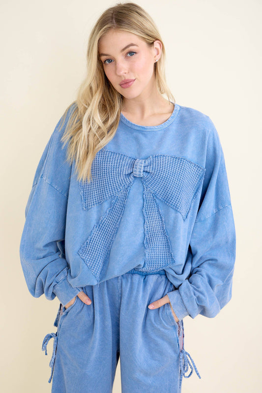 I'm a gift for you Waffle Ribbon bow terry top HT6129: Denim Blue / S-M-L / 2-2-2