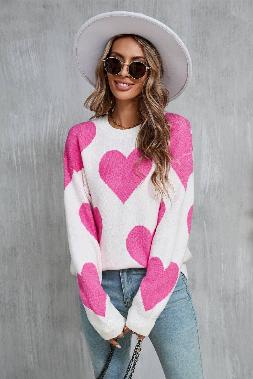 Valentine Heart Knit Sweater Pink Red Pullover Top: Rose Red / M