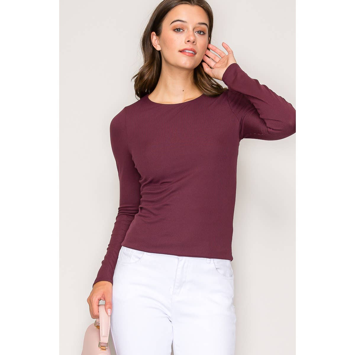 Double Layer Crew Neck Long Sleeve Rib Knit Top: Wine / S-M-L(2-2-2)