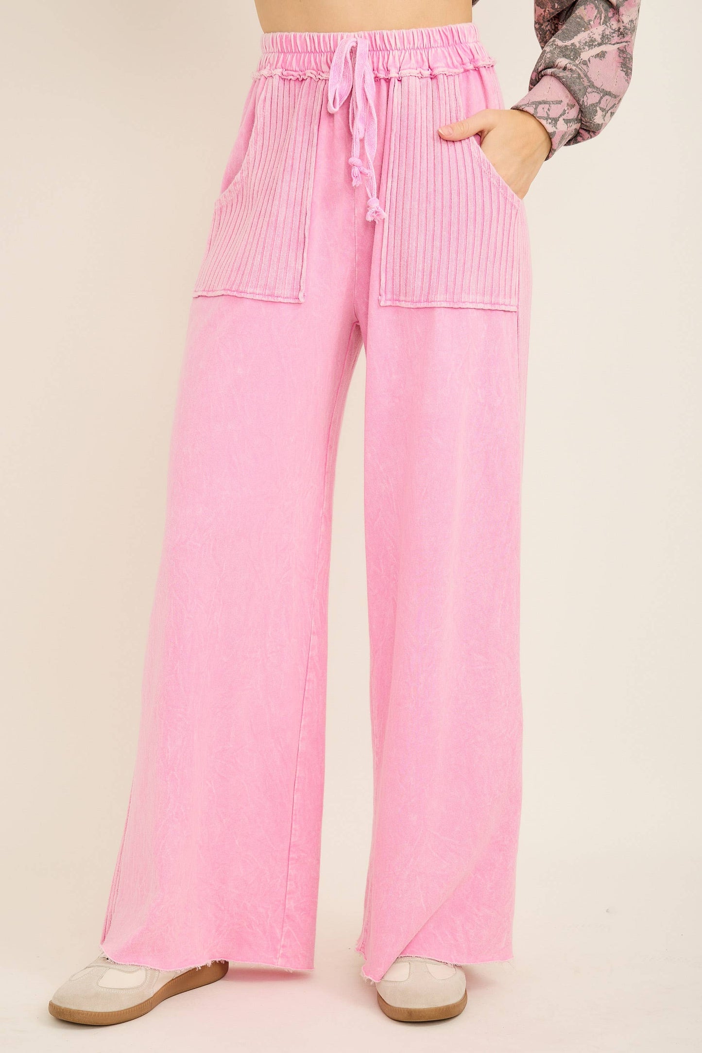 Best Mineral Wash Side Knit detail wide leg pantsHE5878P: Midnight Green / S-M-L / 2-2-2