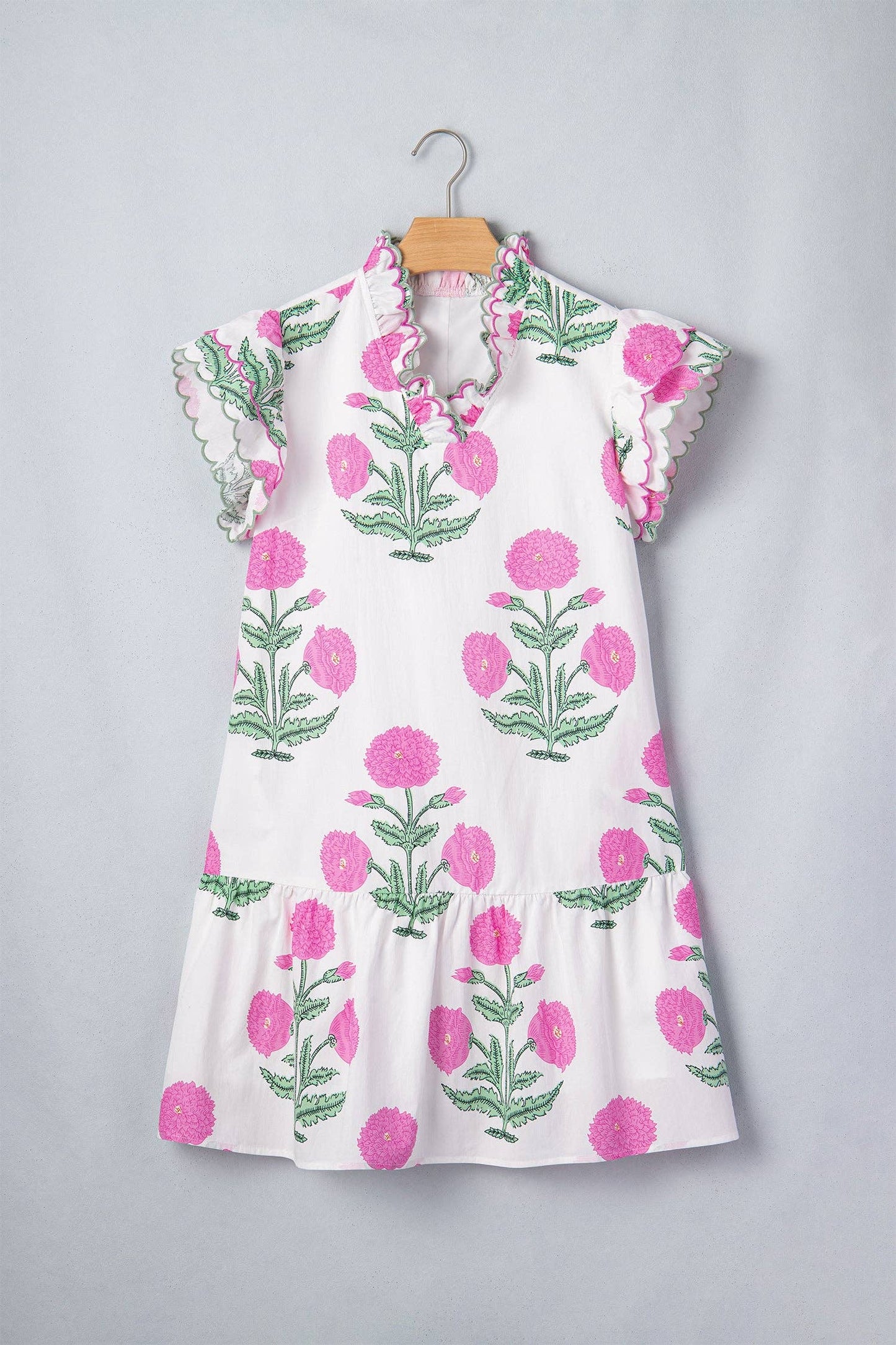 Wild Floral Print Scalloped Embroidery Trim V Neck Drop Waist Mini Dress: White / 50%Viscose+50%Cotton / S