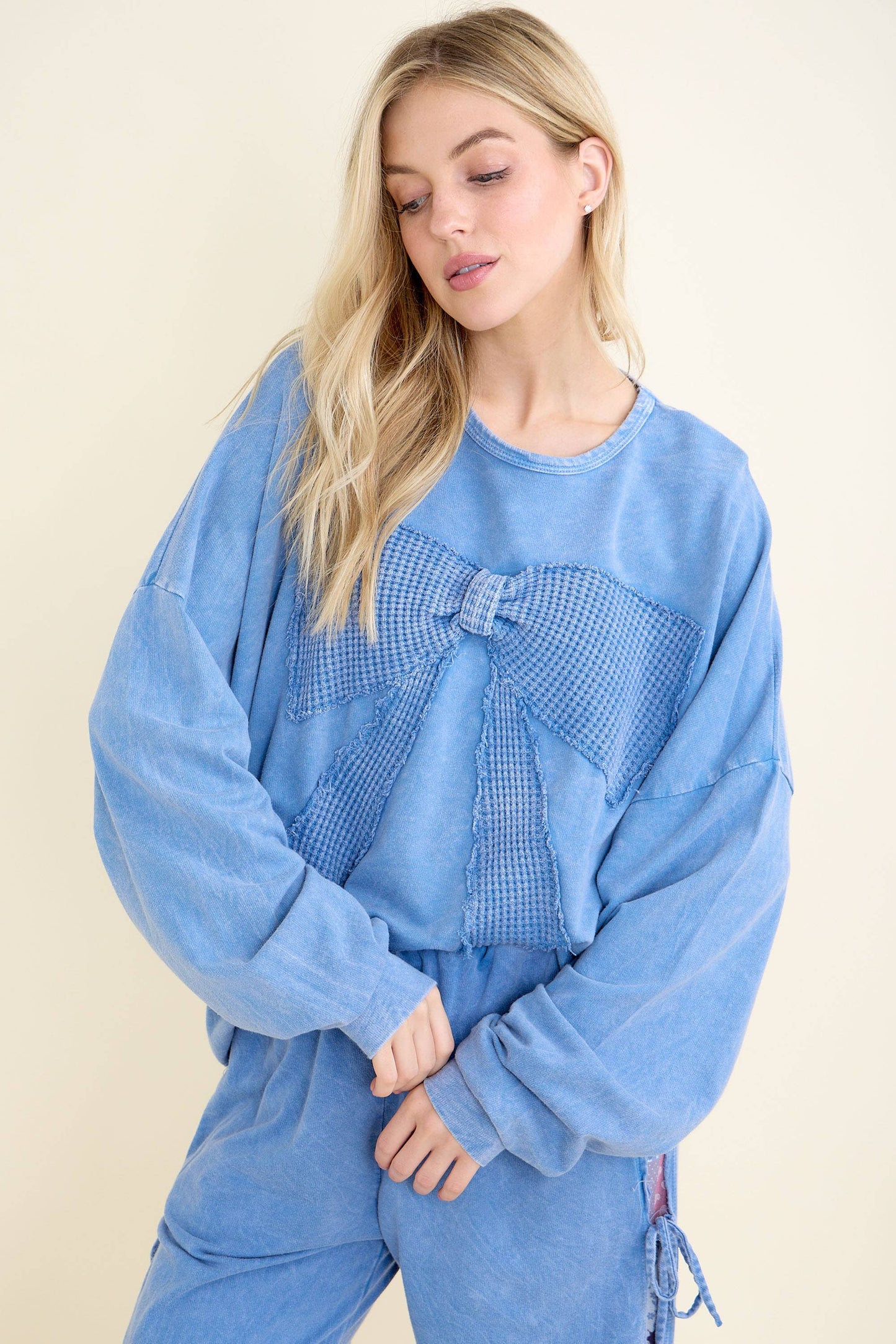 I'm a gift for you Waffle Ribbon bow terry top HT6129: Midnight Green / S-M-L / 2-2-2