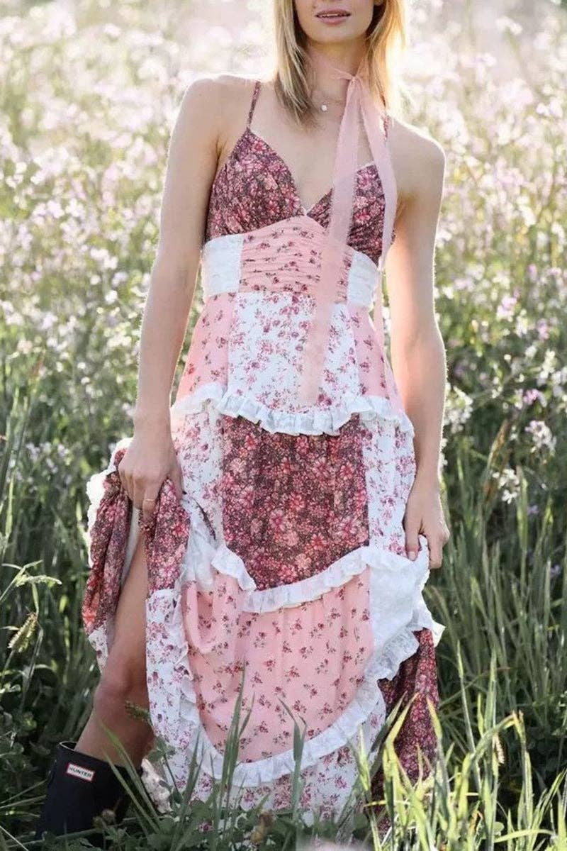 Floral Patchwork Sundress: PINK / M