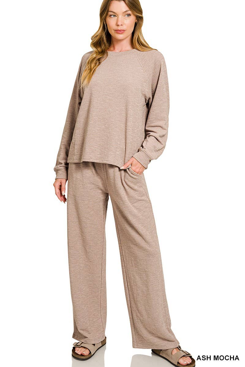 Slub Long Sleeve Top And Pants 2pcs Set: HUNTER GREEN / 1-1-1(S-M-L)