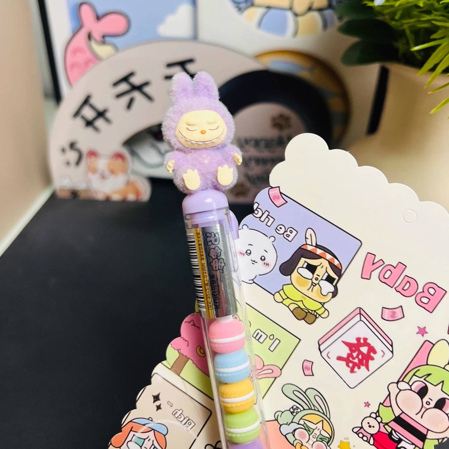 Labubu flocking deco gel pen cute student creative labubu pen: YELLOW-#1