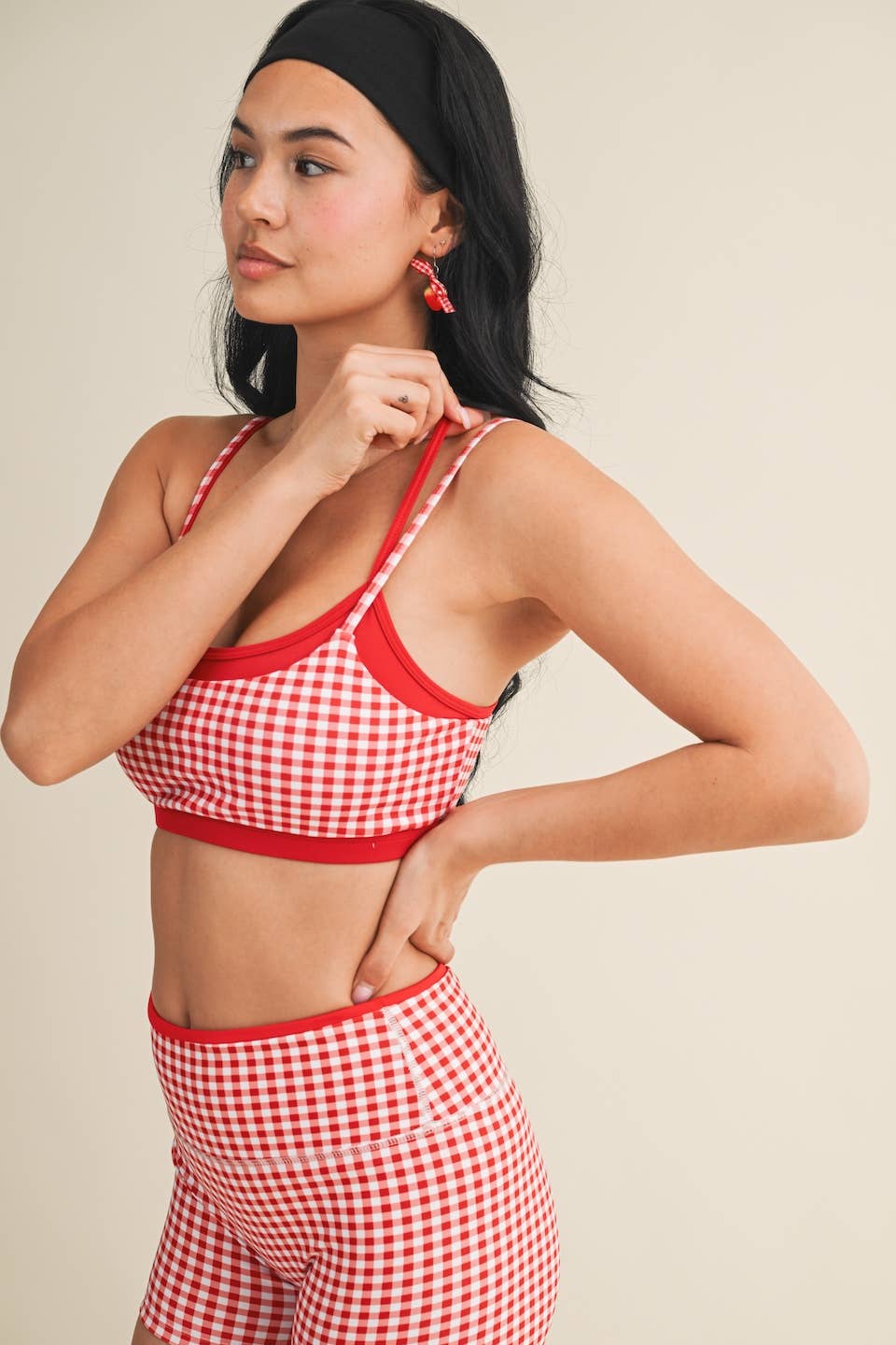 Gingham Print Double Layered Sports Bra: Red Gingham / S