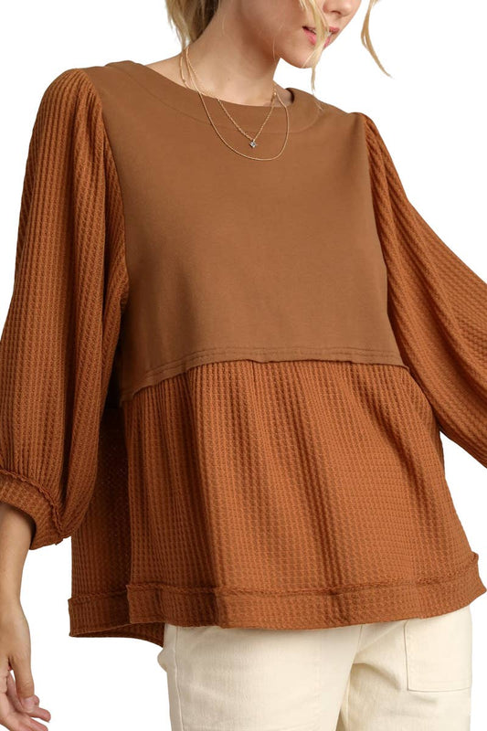 Solid French Terry Top With Thermal Contrast Sleeve: BROWN / 2-2-2 (S-M-L)
