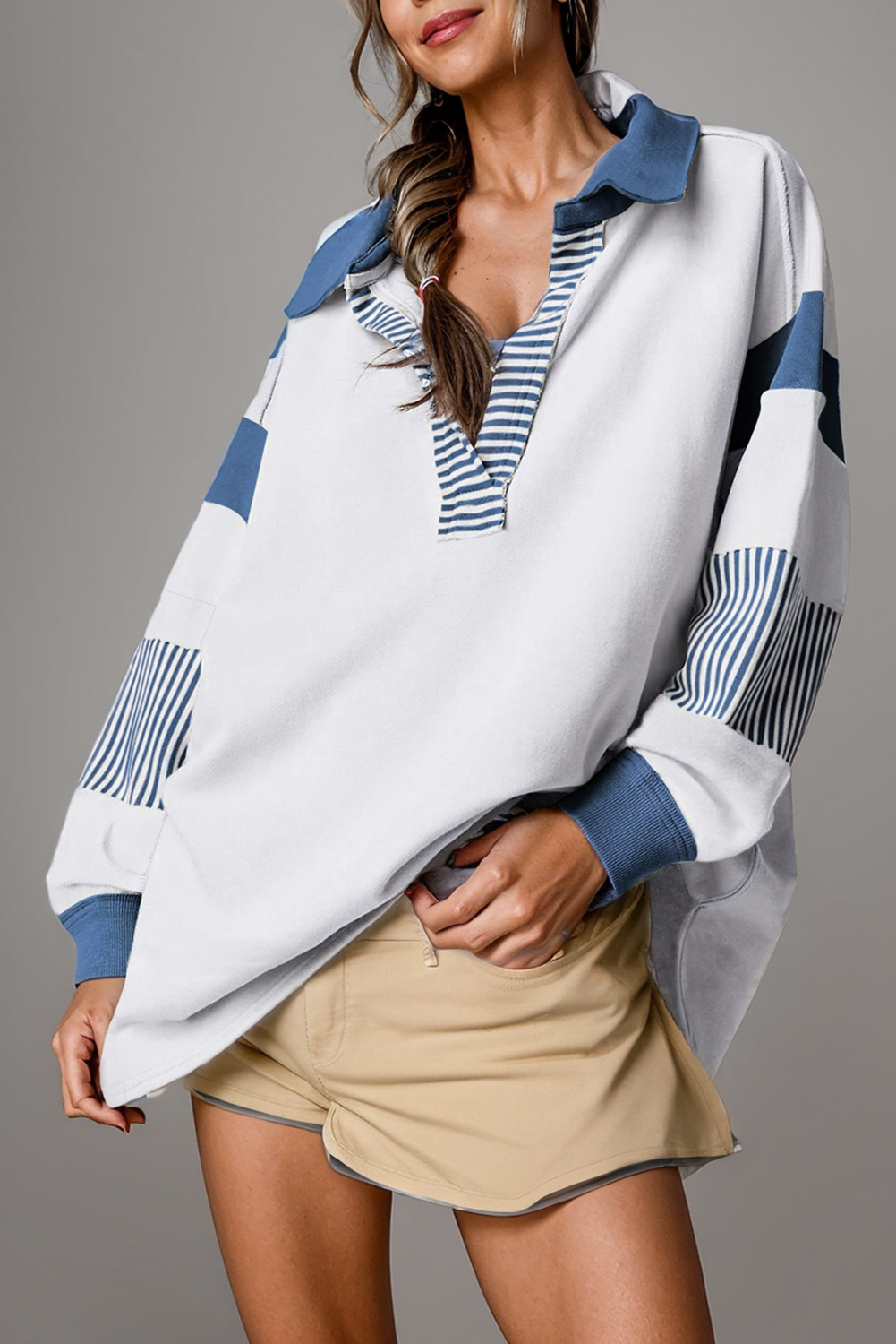 Multicolor * Colorblock Striped Collared Sweatshirt | S-2XL: Blue / Missy / L