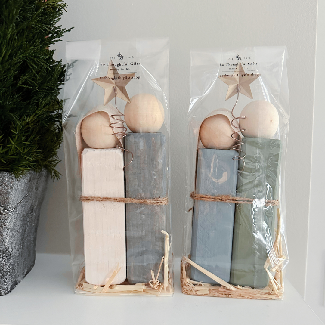 Simple Wooden Nativity Set | Hand-painted | Gift Wrapped: Gray & White