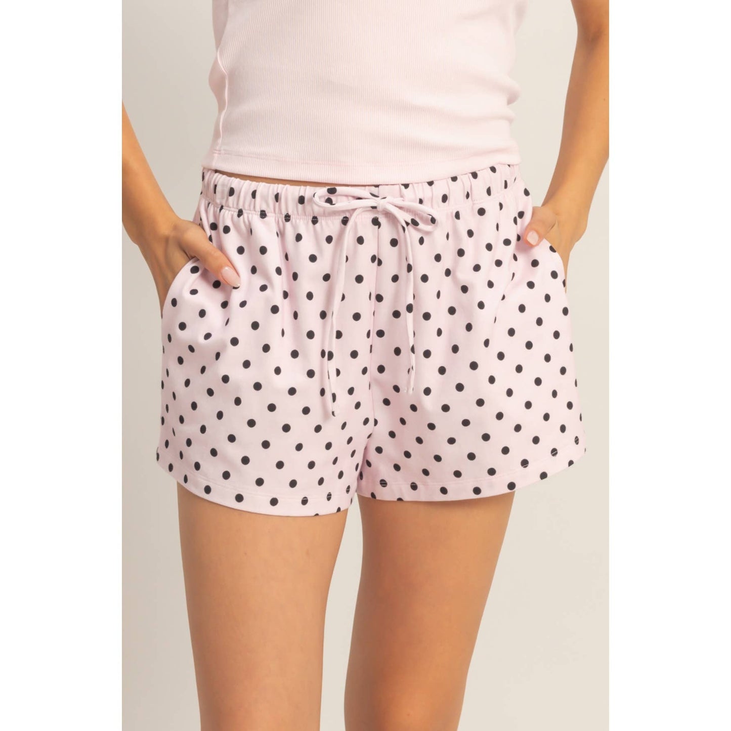 Polka Dot Drawstring Shorts: BROWN / S-M-L(2-2-2)