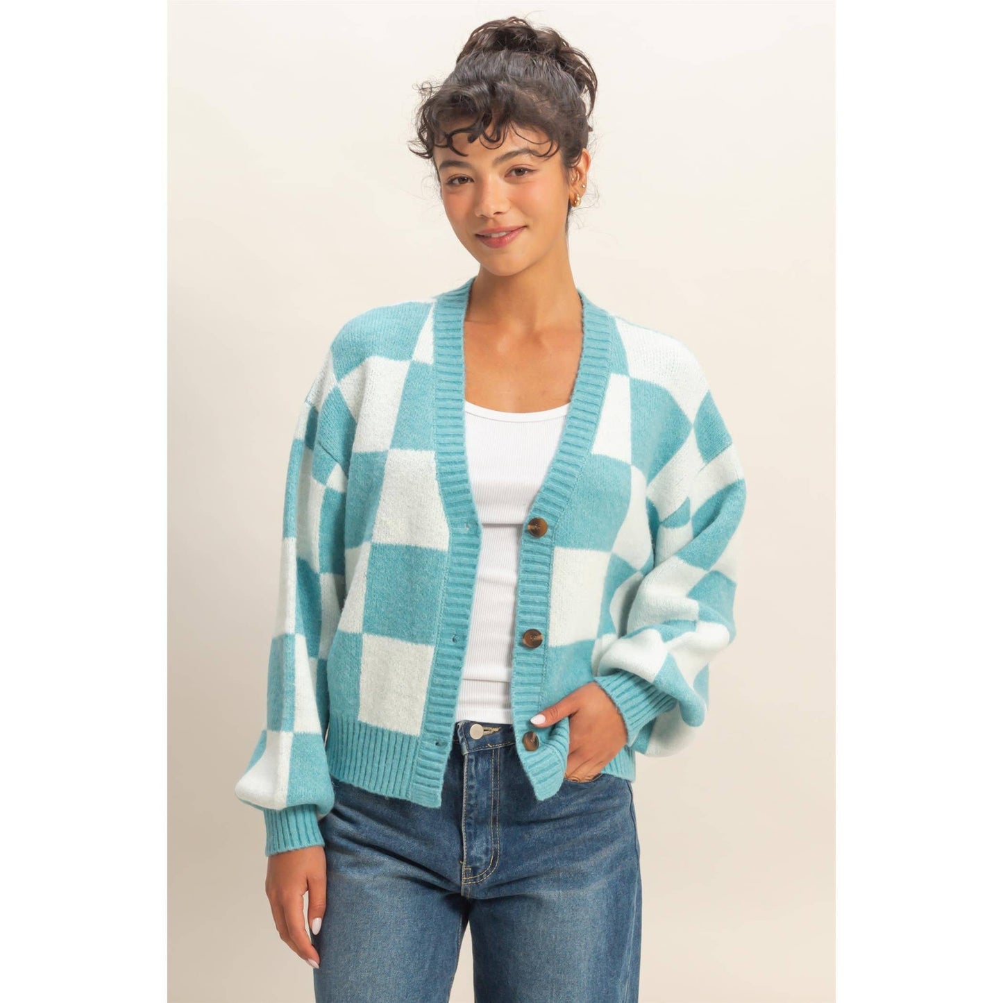 Checkered Button Front Cardigan Sweater: EMERALD/CREAM / S-M-L(2-2-2)