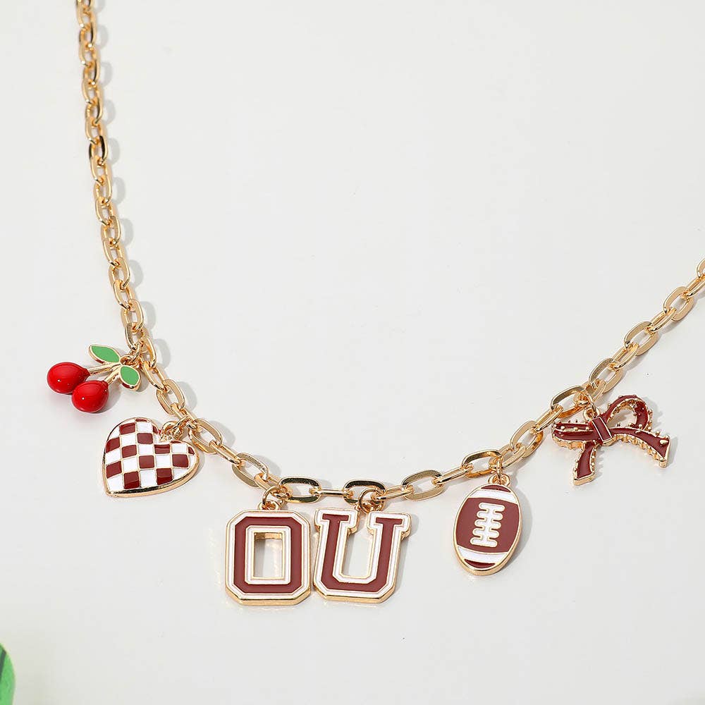 Football Theme Bow Cherry Heart Charm Station Necklace: Blue,Gold,White