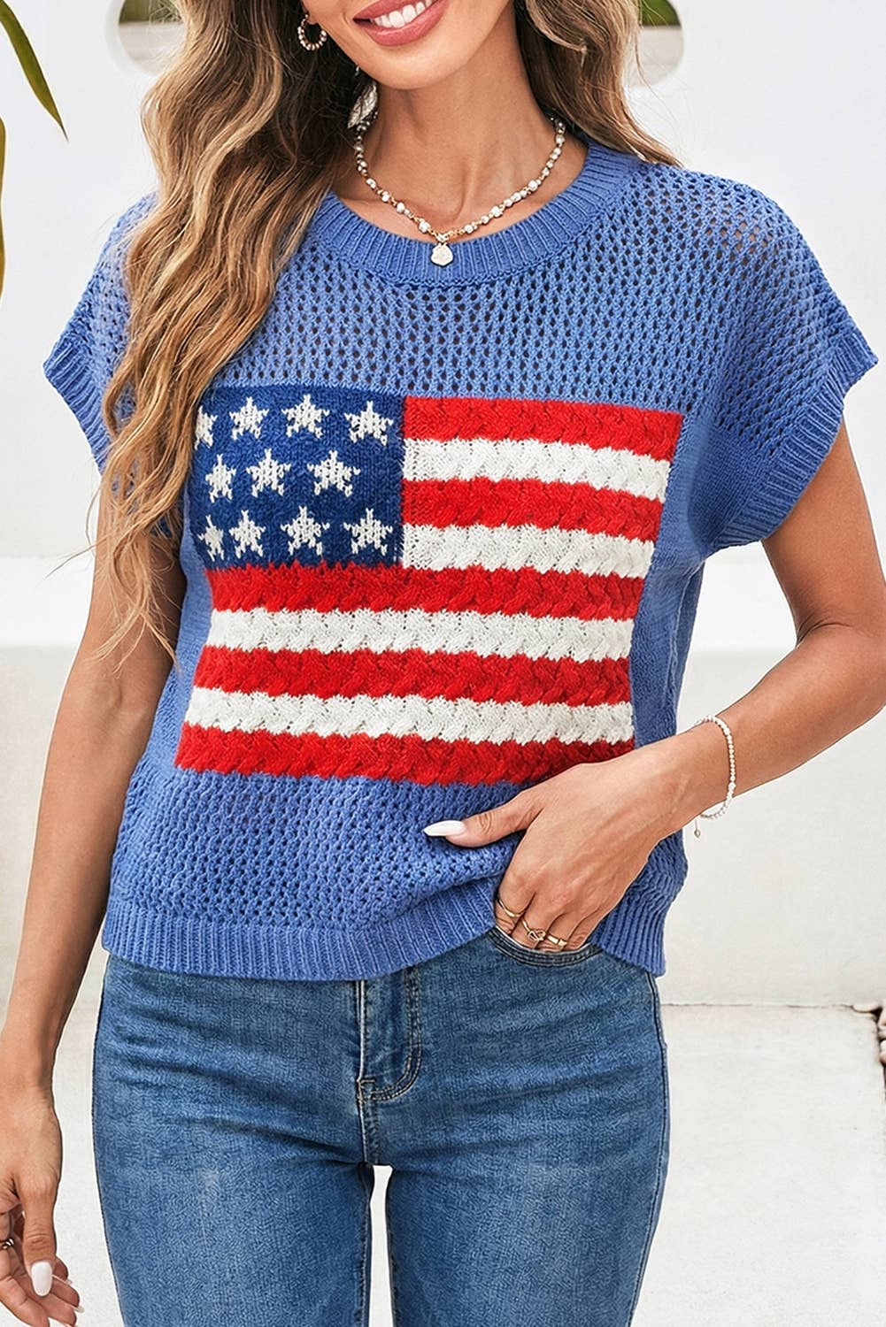 LDC Flag Graphic Short Sleeve Sweater Top: Sky Blue / M