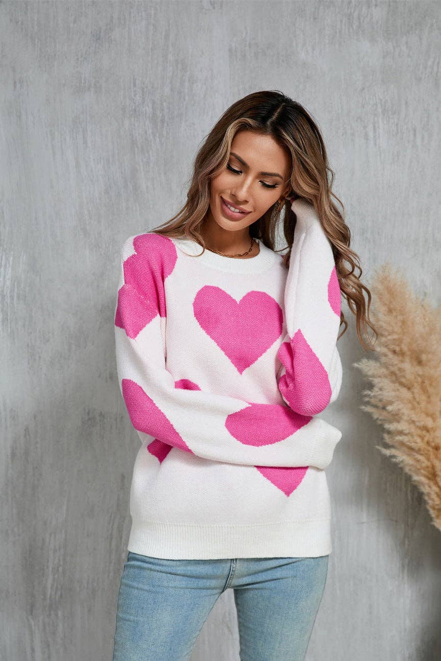 Valentine Heart Knit Sweater Pink Red Pullover Top: Rose Red / M