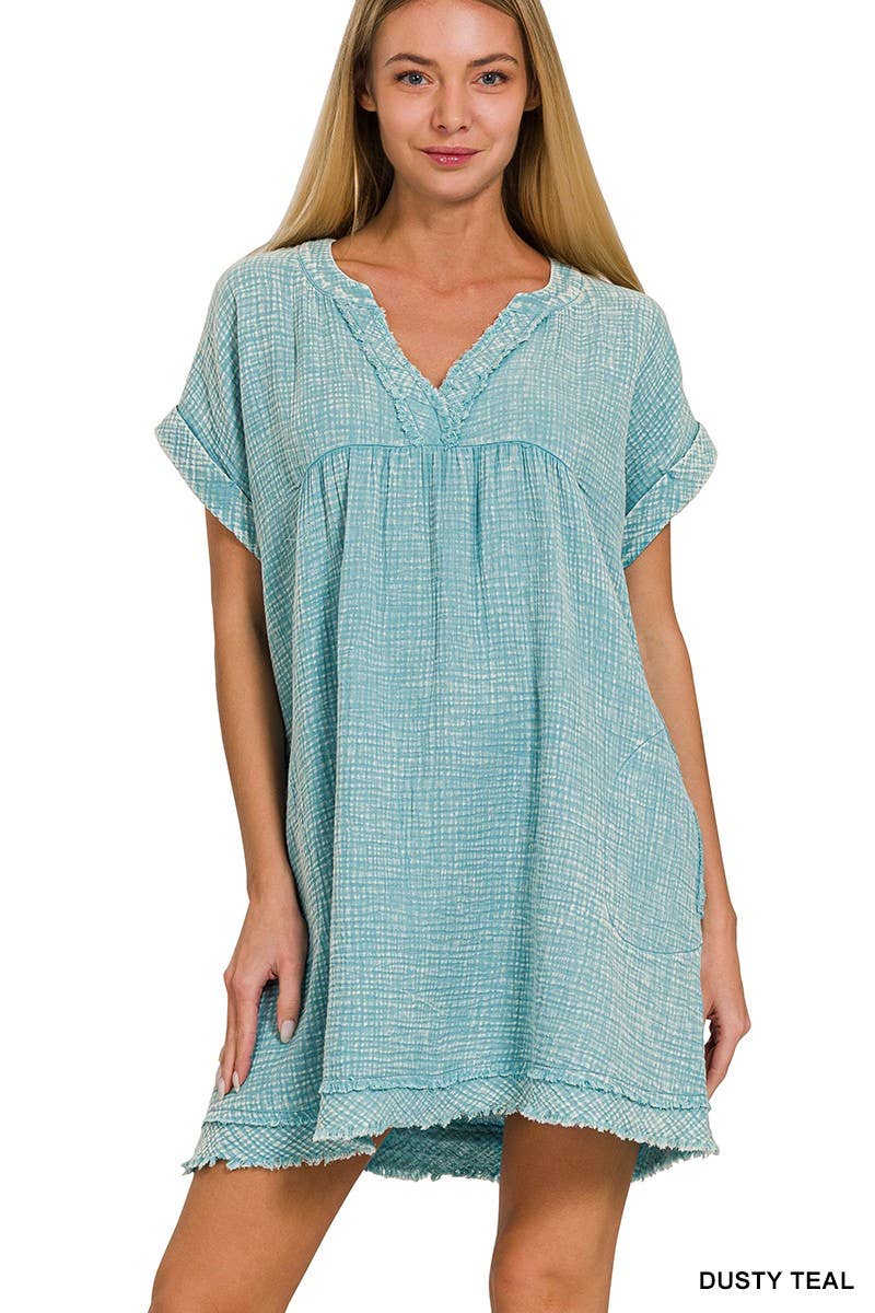 Washed Double Gauze Raw Edge V-neck Dress: DEEP SKY / 2-2-2(S-M-L)