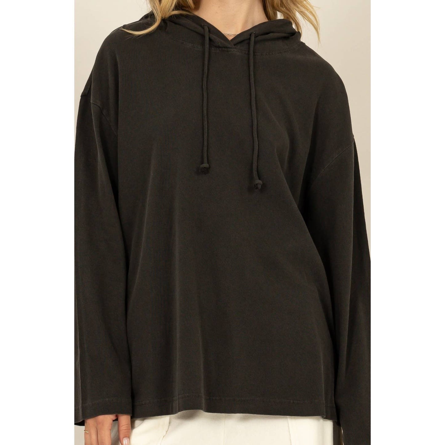 Oversized Hooded Long-Sleeve Top: BLACK / S-M-L(2-2-2)
