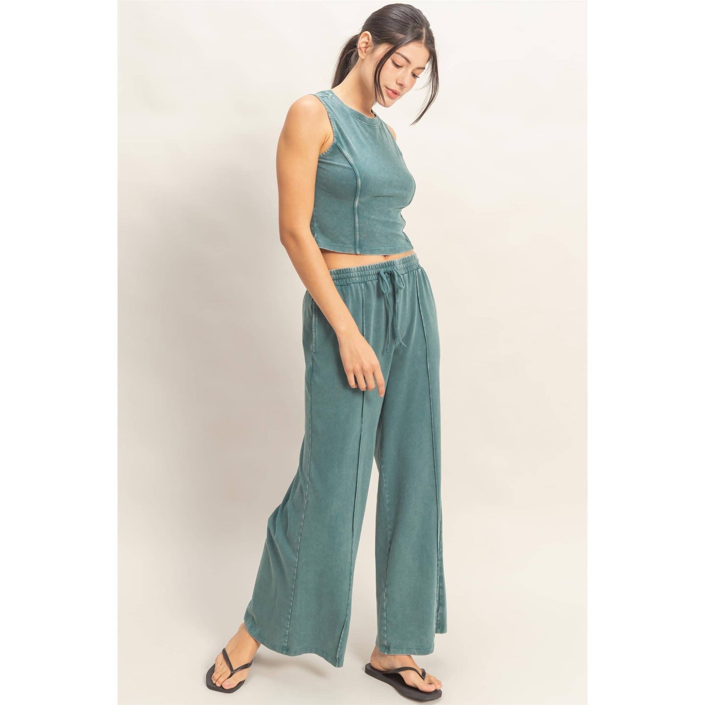 Mineral Washed Sleeveless Top & Wide Leg Pants Set: CHOCOLATE / S-M-L(2-2-2)