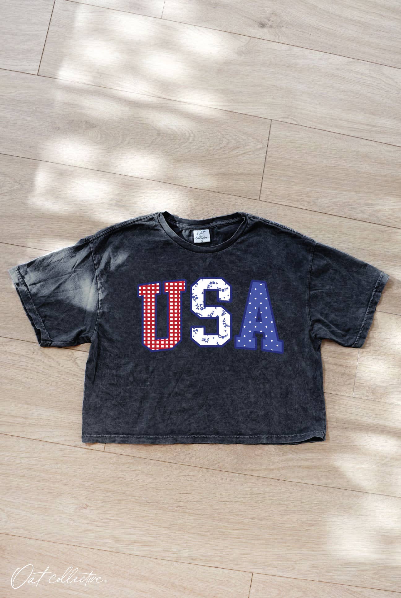 USA WITH PATTERN Cropped Mineral Graphic Top : CREAM / XL
