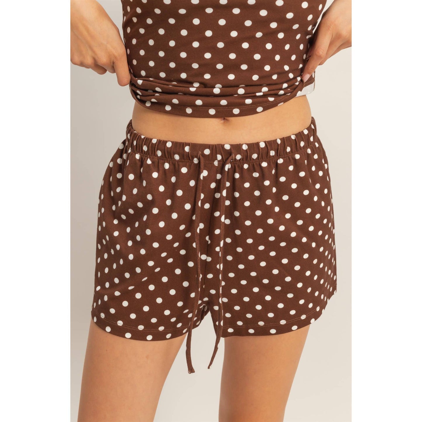 Polka Dot Drawstring Shorts: BROWN / S-M-L(2-2-2)