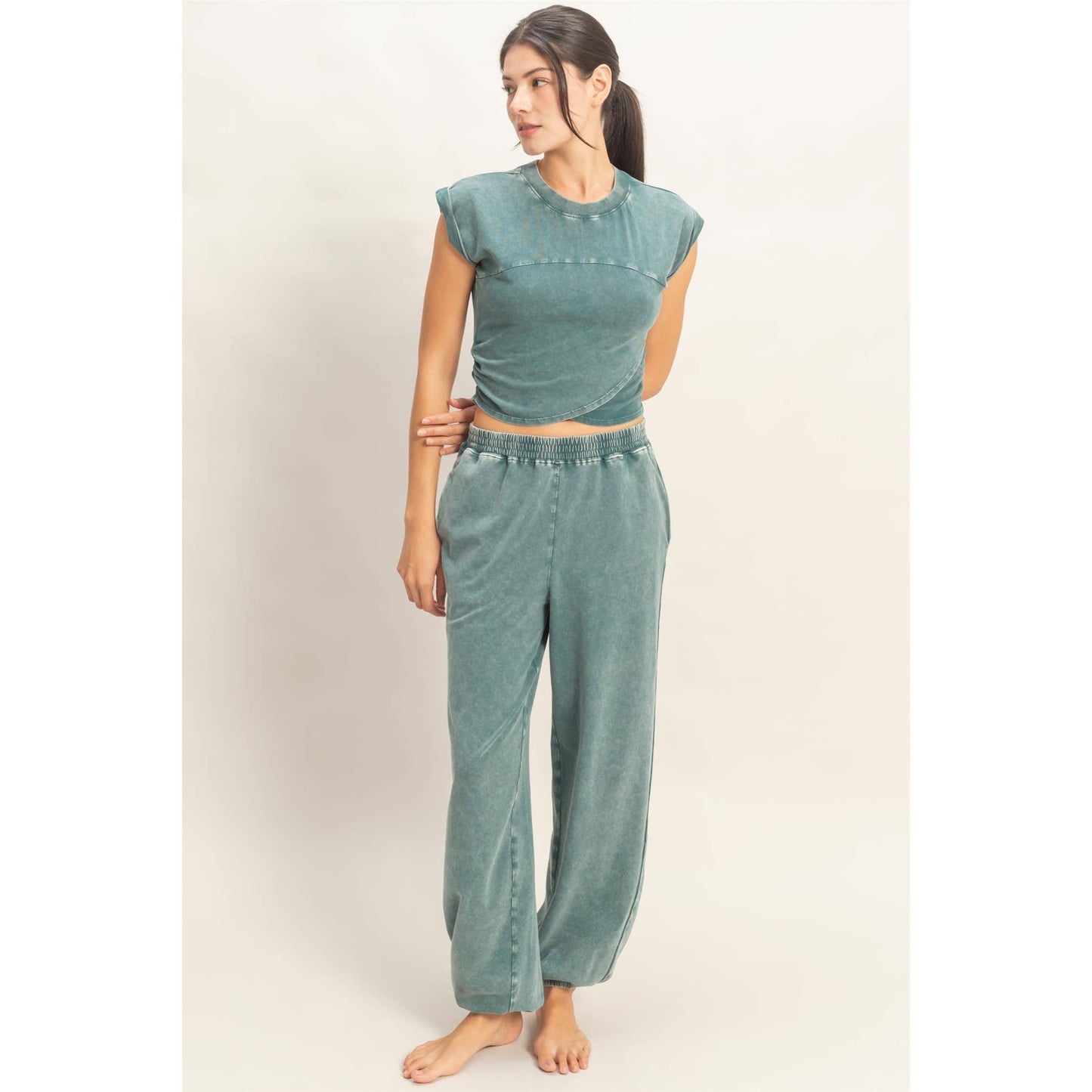 Rolled Sleeve Wrap-Front Crop Top And Jogger Set: DARK TEAL / S-M-L(2-2-2)