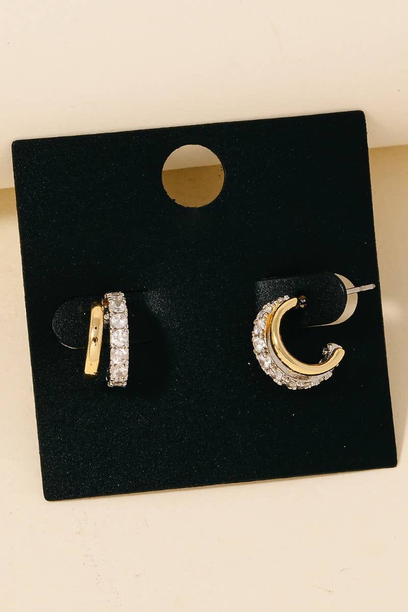 Gold Dipped Cz Pave Layered Hoop Earrings: GOLD