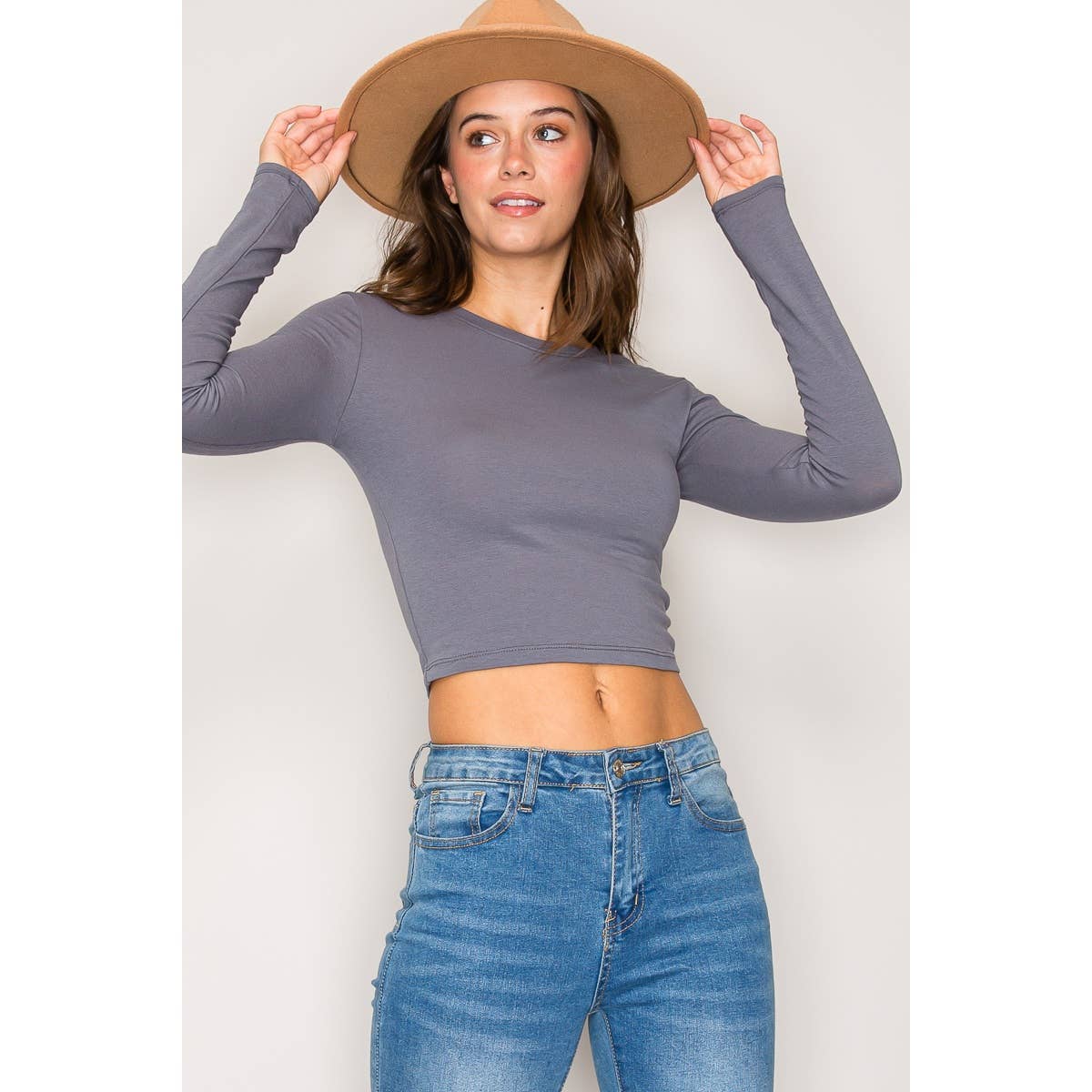 Crew Neck Long Sleeve Cotton Cropped Knit Top: Chili Oil / S-M-L(2-2-2)