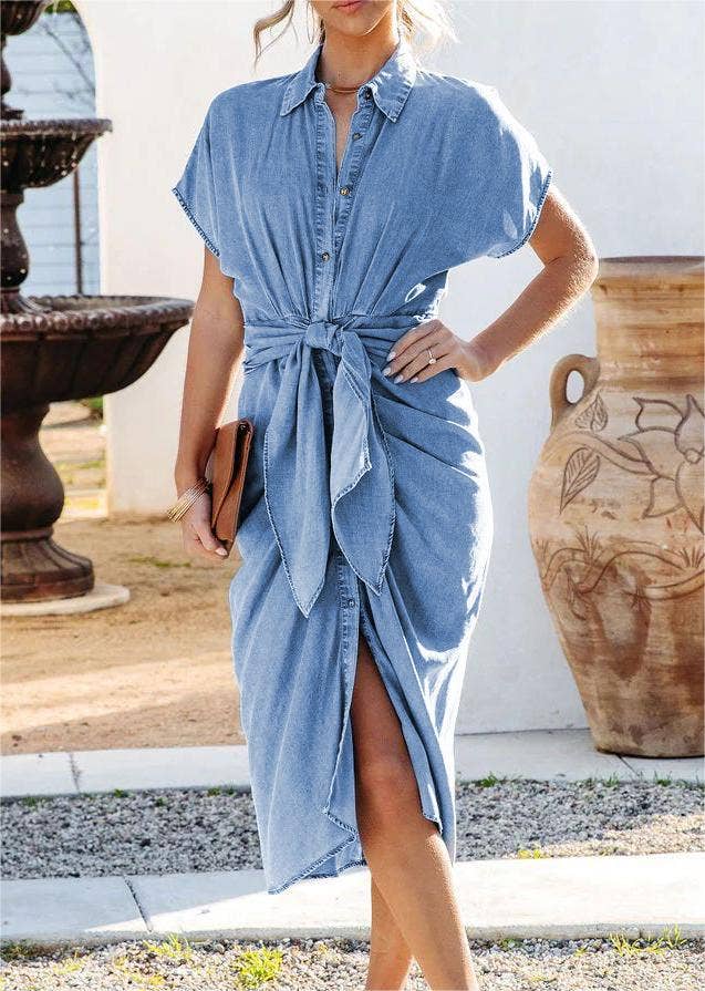 Mid-length dress with slit collar and pleats: Blue / L