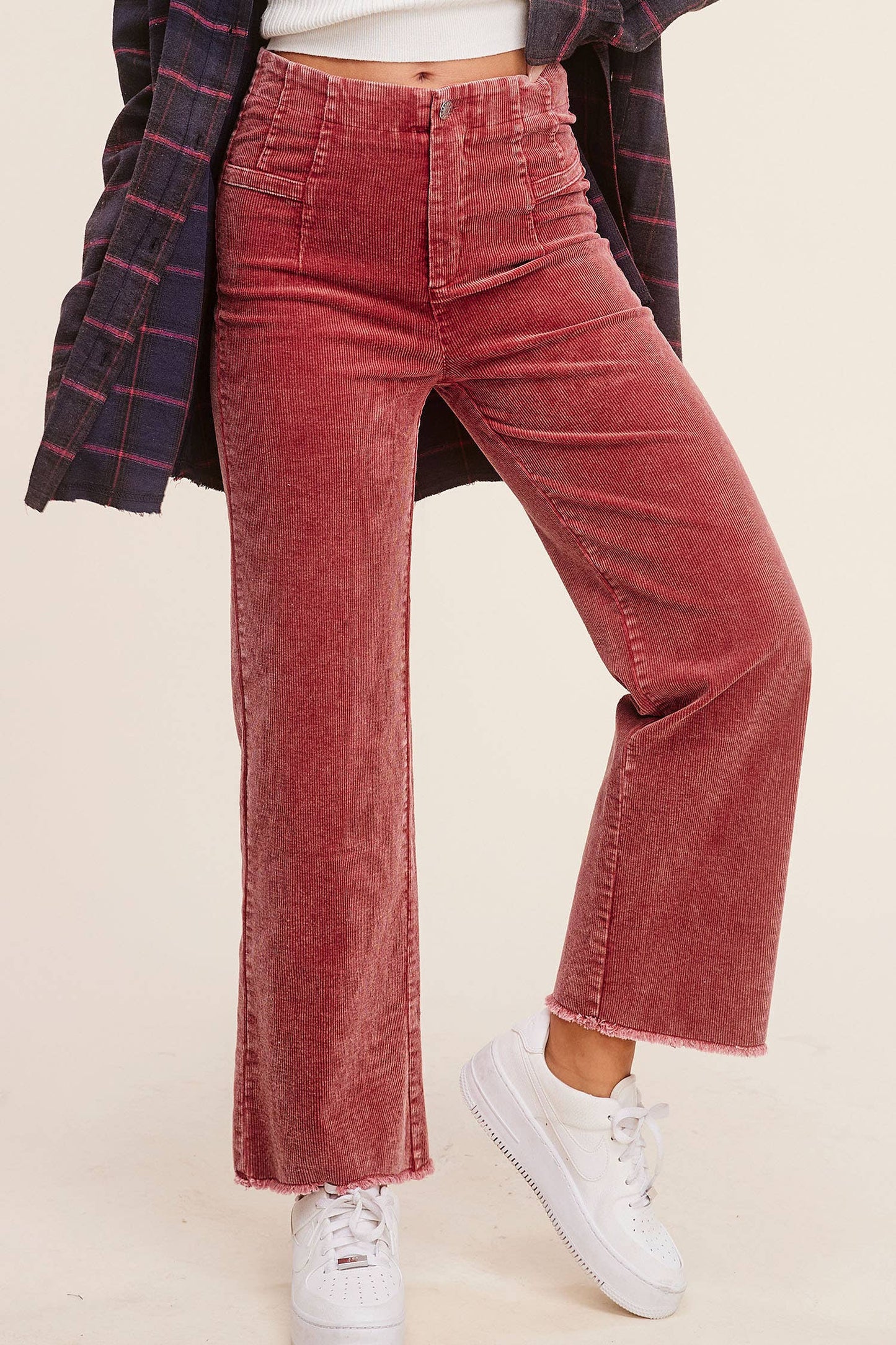 MCP4220-Mineral Washed High Waisted Wide Leg Corduroy Pants: Brown / XL