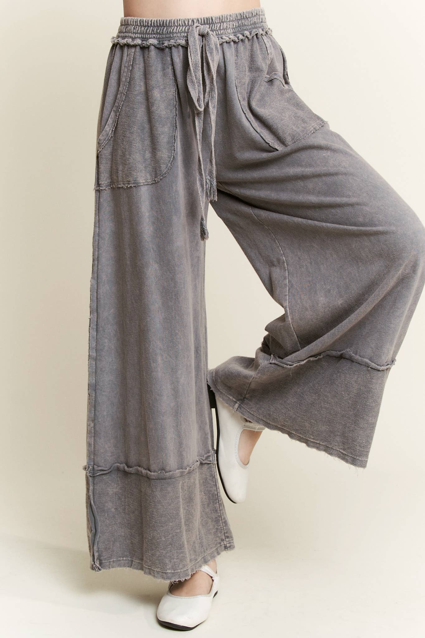 MineralWash Wide Pants with raw hem frayed details HP5536..: Latte / S-M-L / 2-2-2