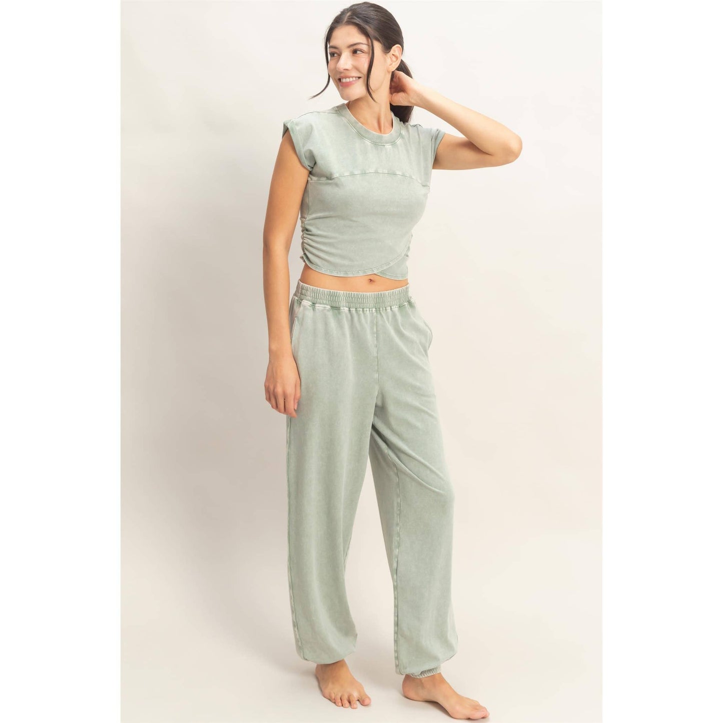Rolled Sleeve Wrap-Front Crop Top And Jogger Set: DARK TEAL / S-M-L(2-2-2)