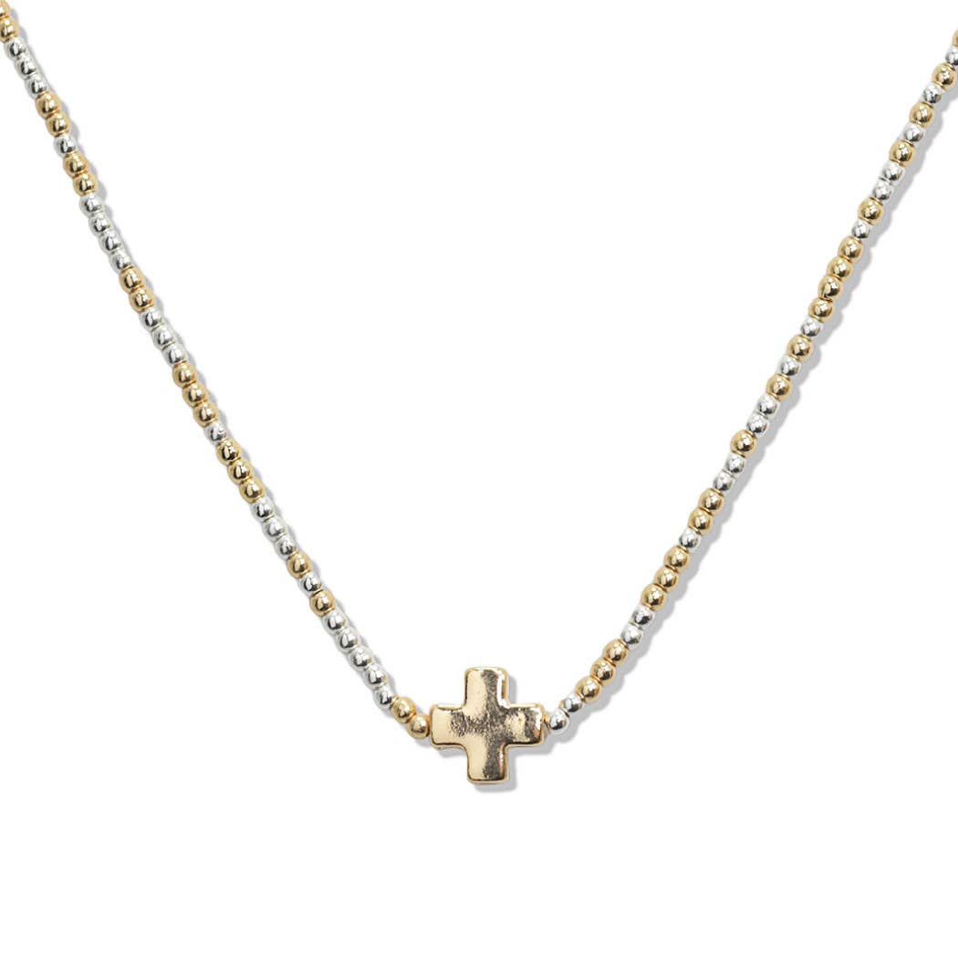 CROSS ACCENT BALL BEADED NECKLACE: Gold / ONE SIZE
