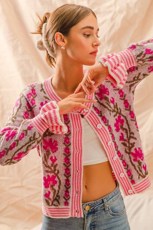 Floral Intarsia Button Up Sweater Cardigan: LAVENDER / 3-2-1 (S-M-L)