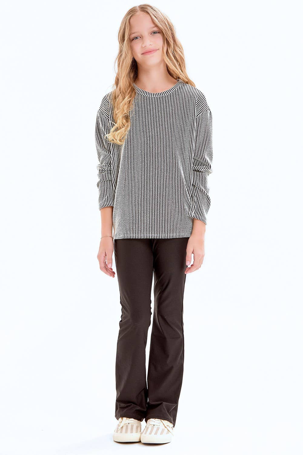 Textured Stripe Rib Open Back Top: White-Black / M