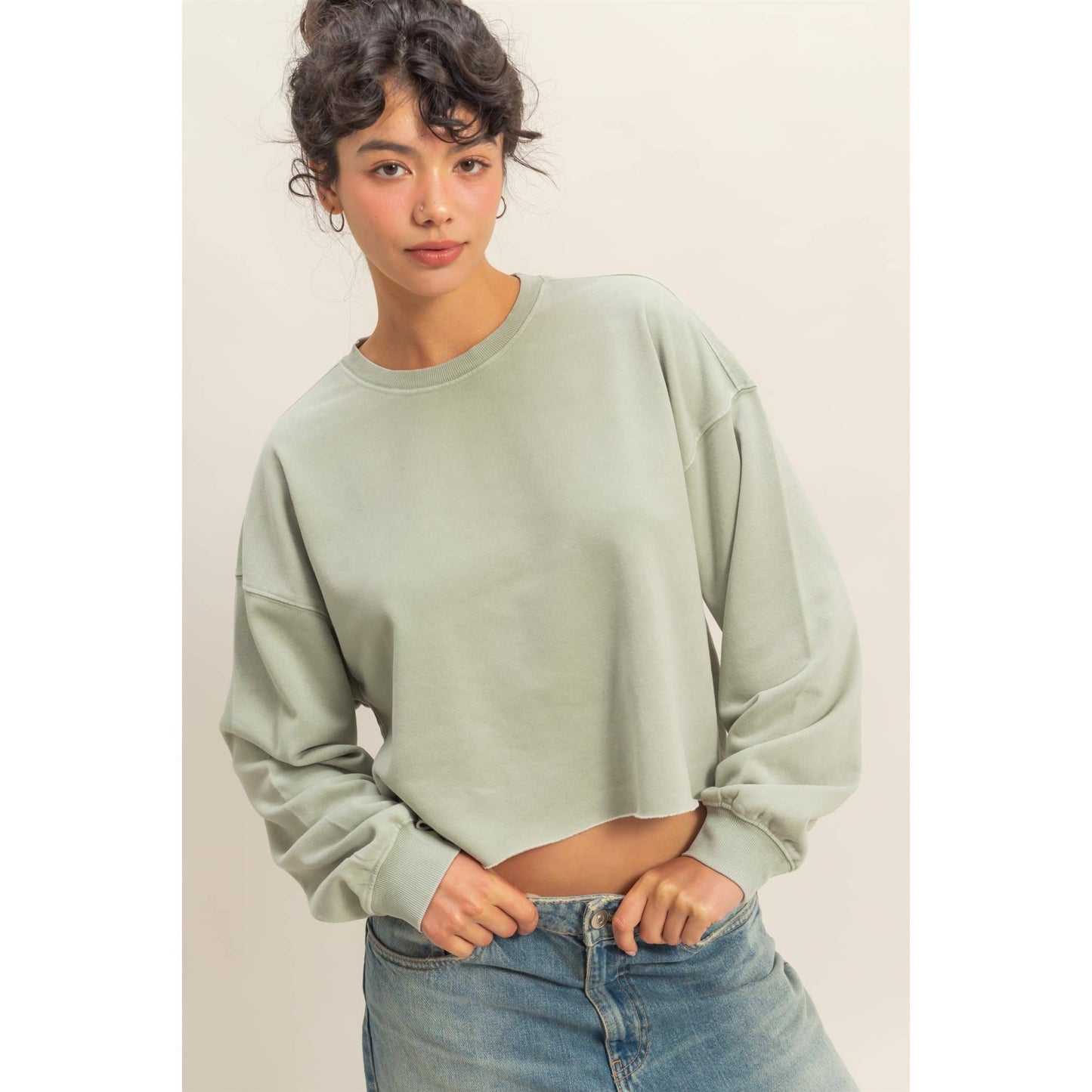 Cropped Crewneck Sweatshirt With Oversized Sleeves: BLACK / S-M-L(2-2-2)
