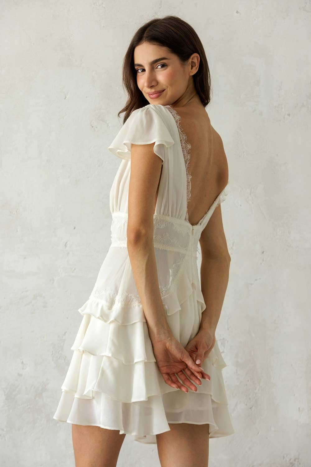 JD7934B- LACE TRIM TIERED MINI DRESS: IVORY / S