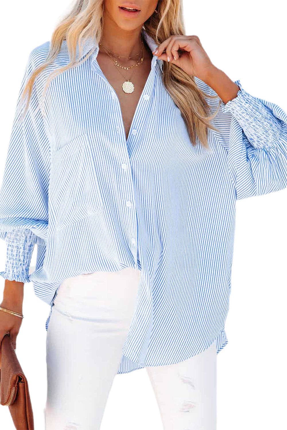 Stripe Smocked Cuff Pocketed Shirt: Sky Blue / M