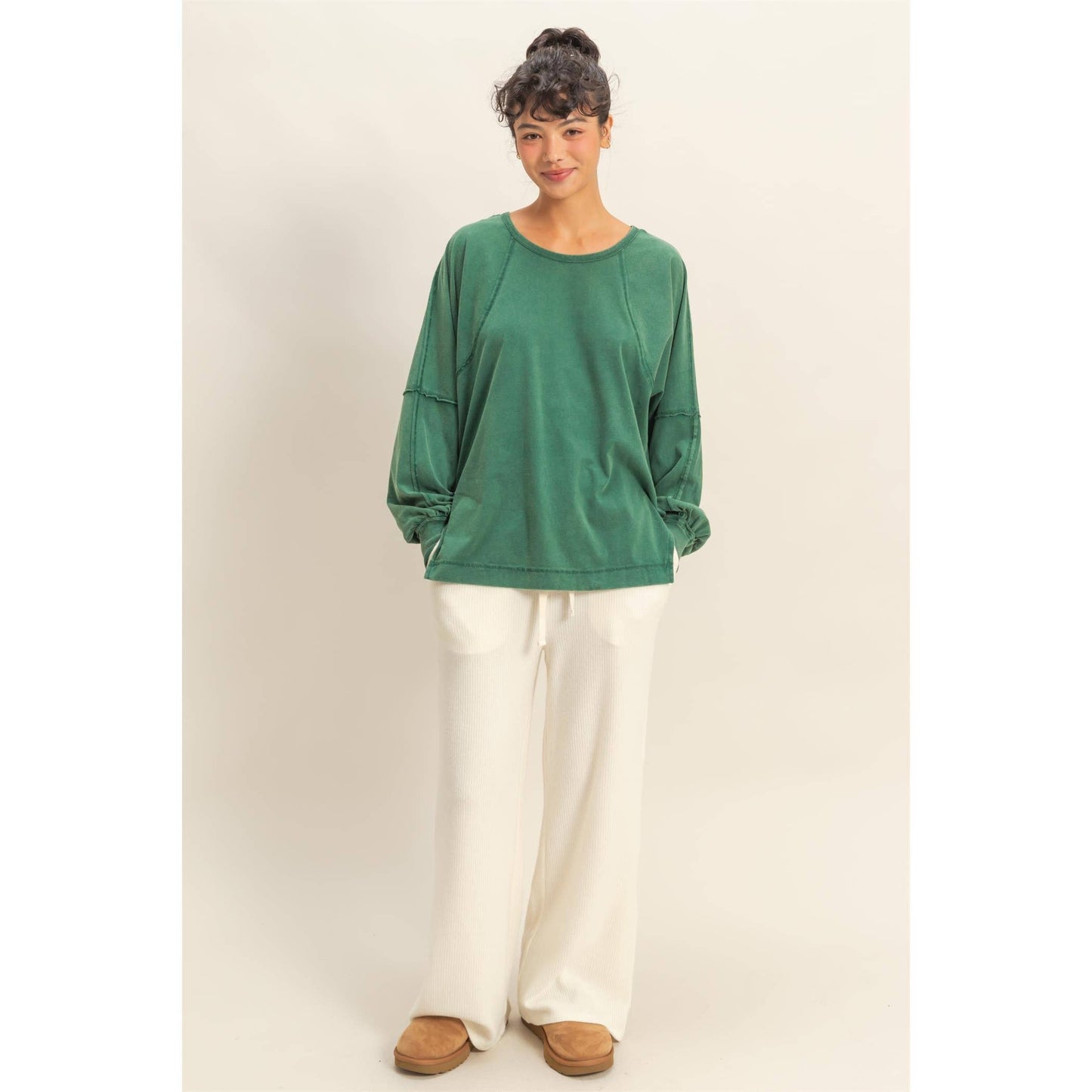 Washed Oversized Long Sleeve Top With Slit: TAFFY PINK / S-M-L(2-2-2)