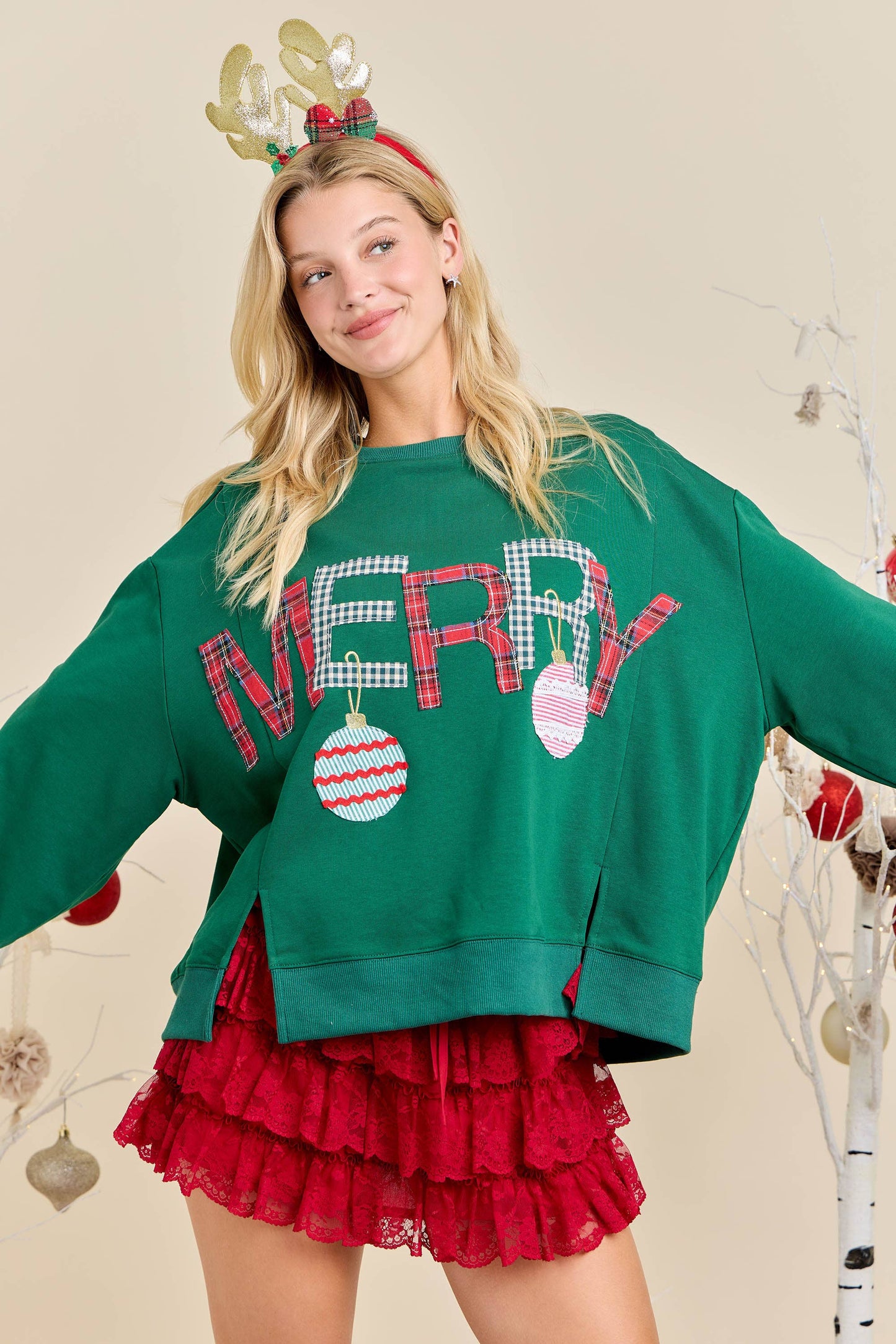 Merry With Ornament Patchwork Oversized Long Sleeve Top: HUNTER GREEN / M