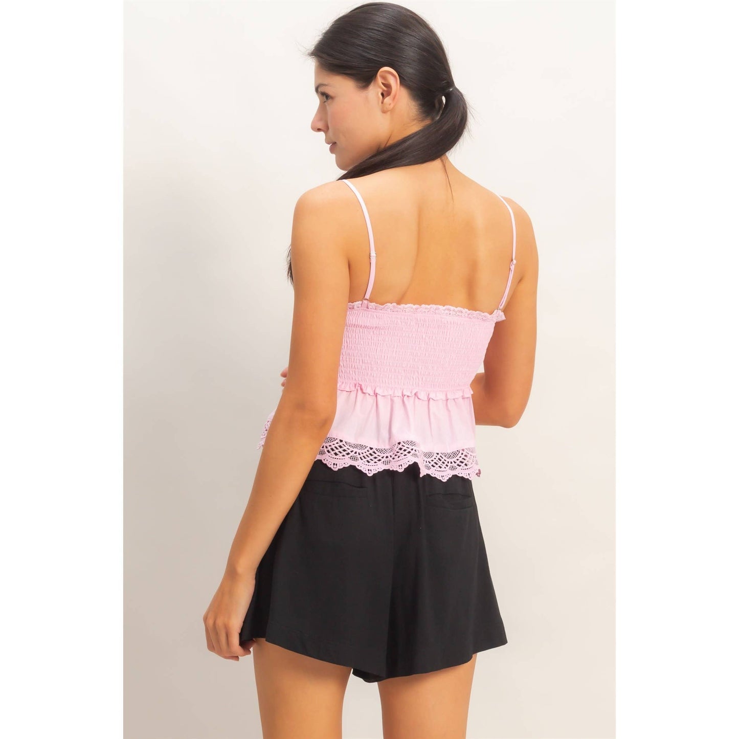 Smocked Peplum Top With Lace Trim: YELLOW / S-M-L(2-2-2)