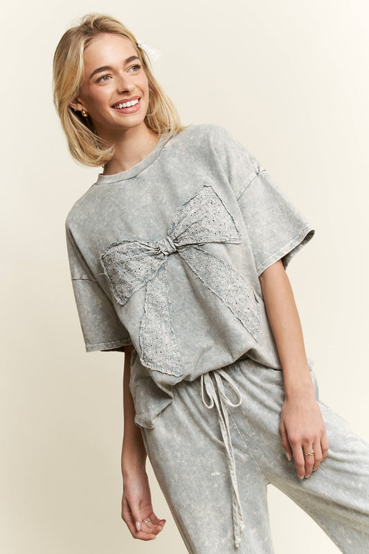 MineralWash Ribbon bow half sleeve shirt HT6308: Silver Grey / S-M-L / 2-2-2