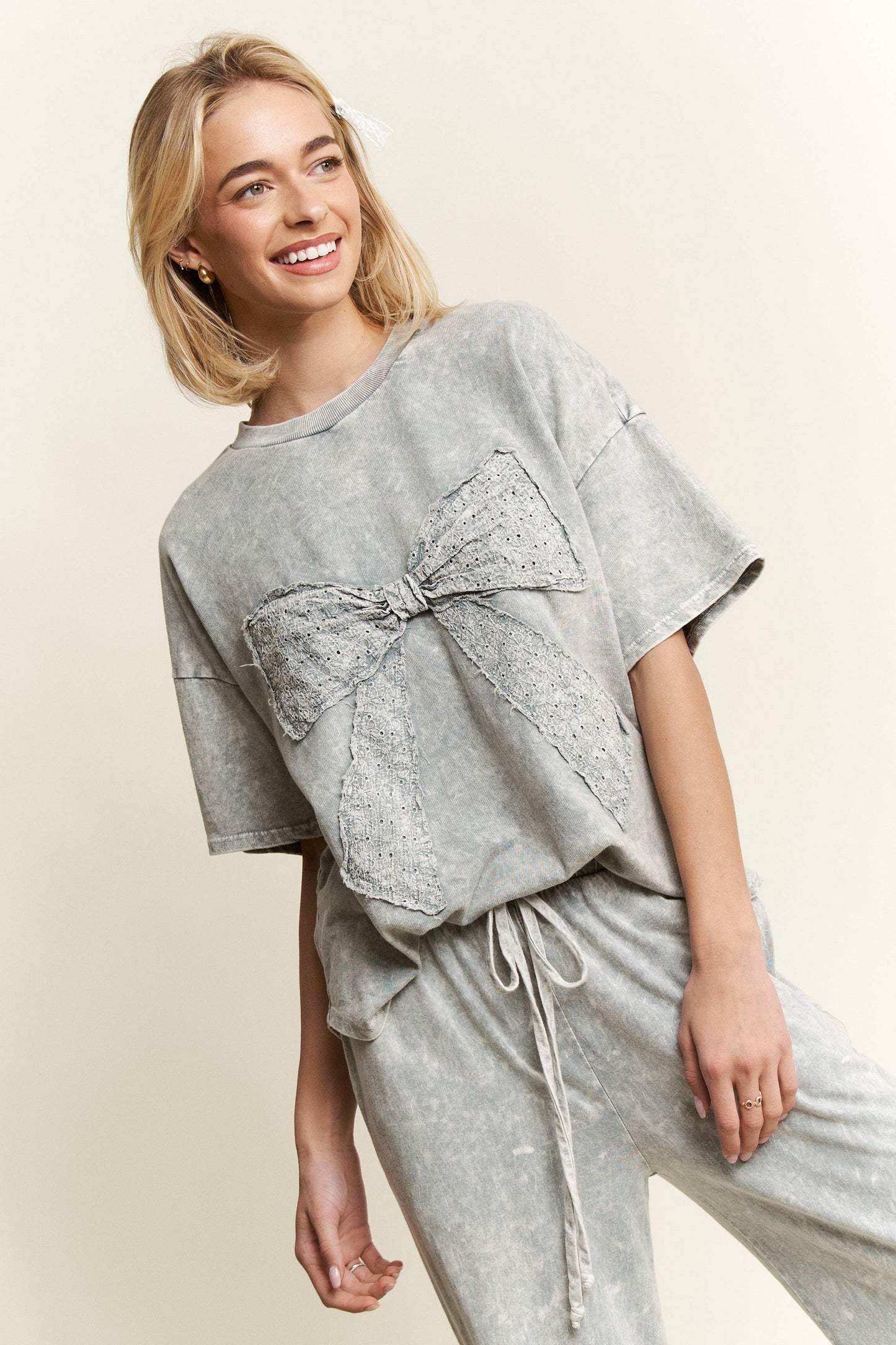 MineralWash Ribbon bow half sleeve shirt HT6308: Silver Grey / S-M-L / 2-2-2