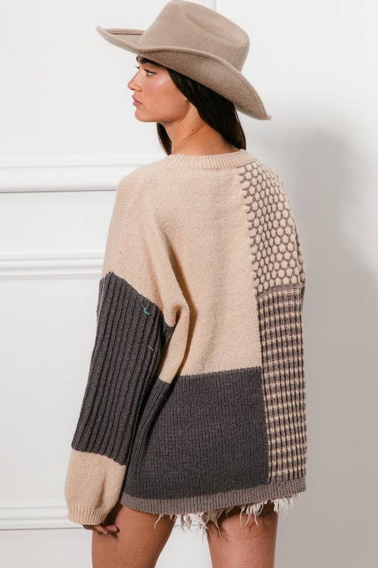 Mixed Pattern Block Sweater: OATMEAL/GREY/DNAVY / 2-2-2-2 (S-M-L-XL)