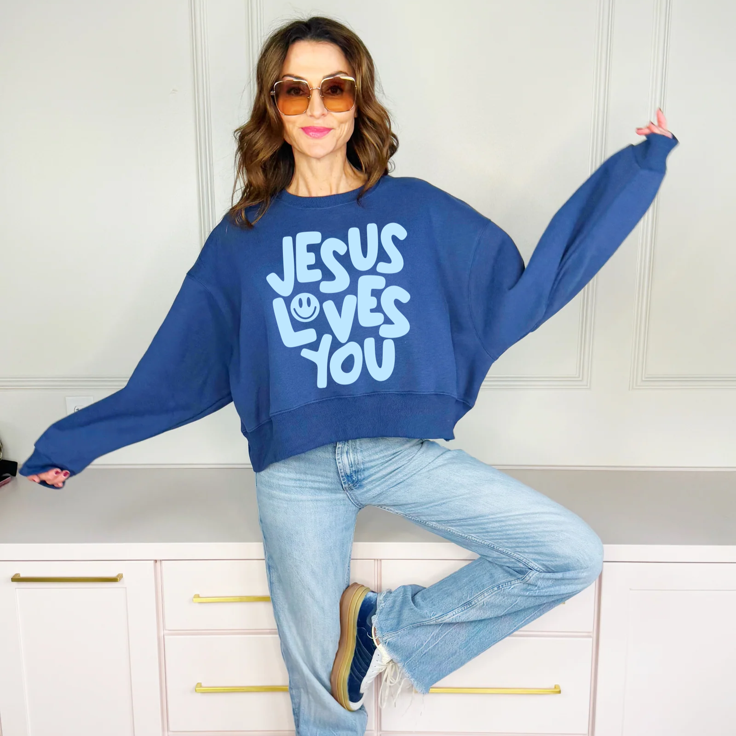 Smiley Jesus Loves You Puff Tan Crop Sweatshirt: Navy / S/M